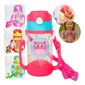 Garrafa De Água Infantil 400ml Alça Dupla C/ Canudo Silicone Cor Rosa